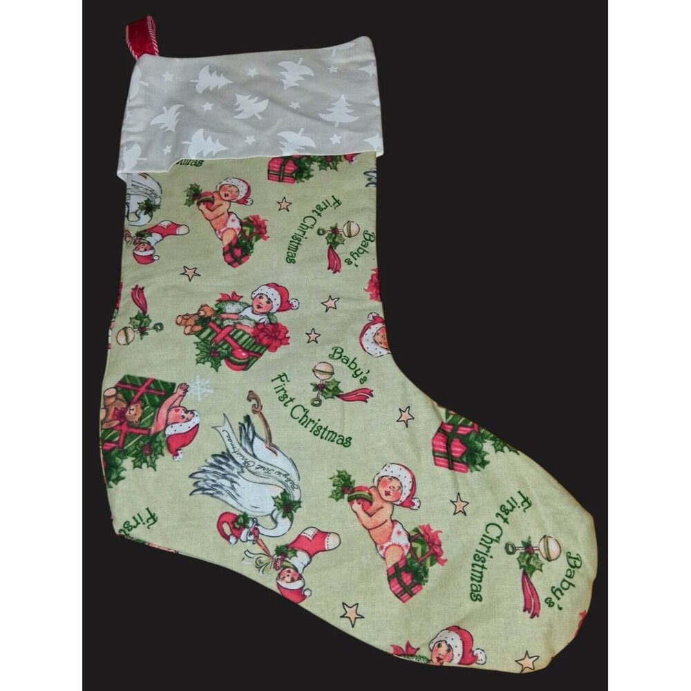 Babys First Christmas Stocking With Vintage-Inspired Print White Tree Cuff